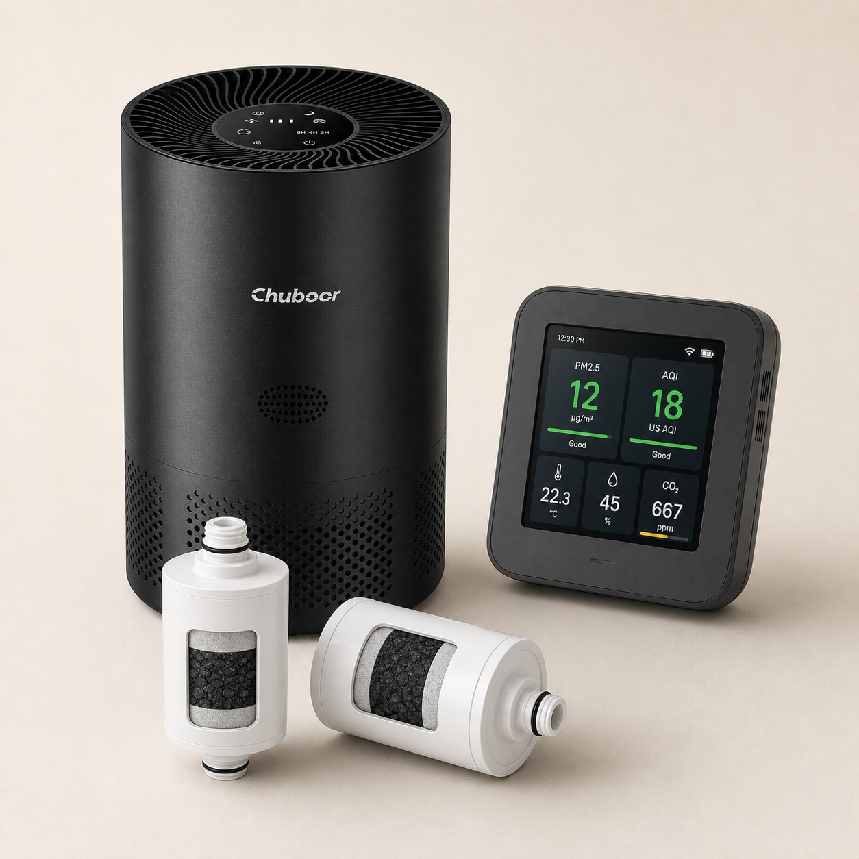 Complete Airward home reset kit with black room air purifier, PM2.5 monitor, inline shower filter and replacement cartridges on a warm eggshell background