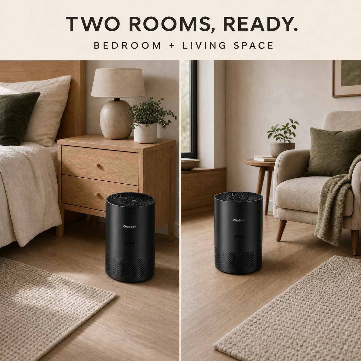 Two black Room Reset air purifiers with two spare filters and a DM69M-WIFI PM2.5 monitor on a warm eggshell background