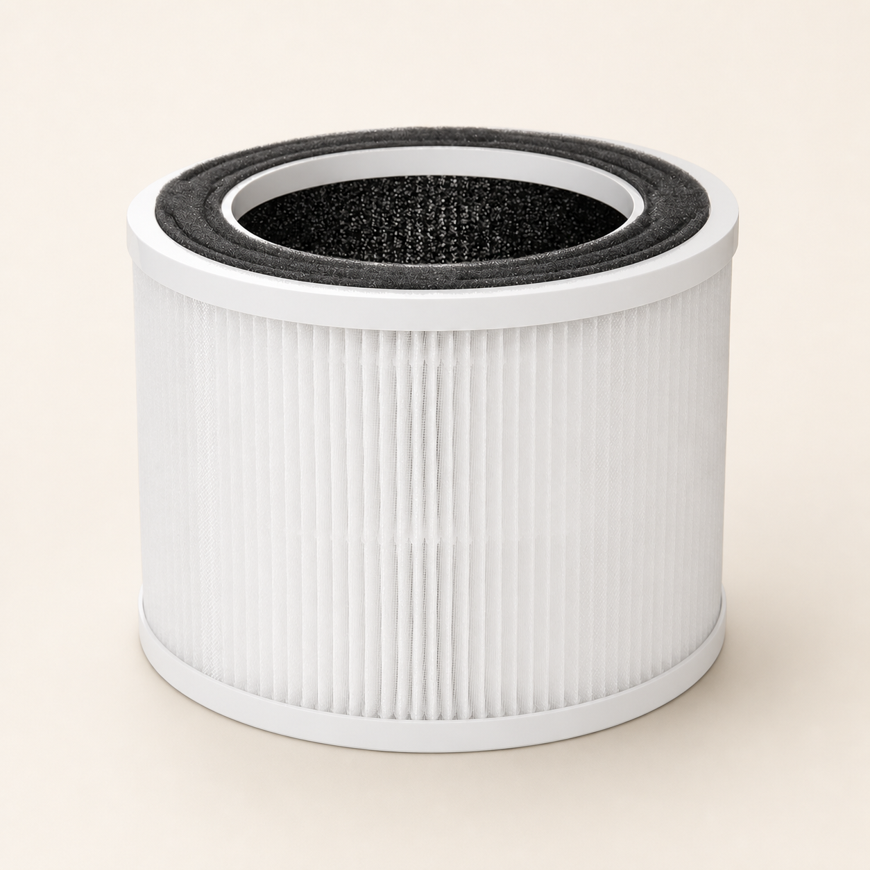 Black cylindrical PJ-LX-001 replacement H13 HEPA and activated-carbon filter on a warm eggshell background
