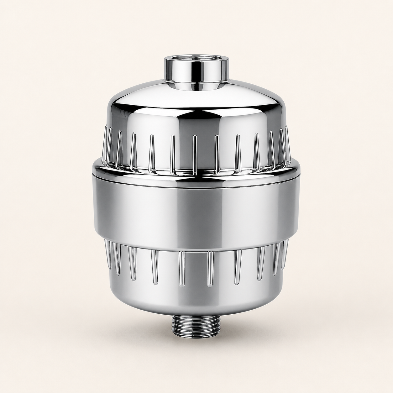Chrome CL-SF1 inline shower filter housing with white replacement cartridge on a warm eggshell background