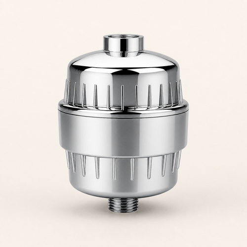 Chrome CL-SF1 inline shower filter housing with white replacement cartridge on a warm eggshell background