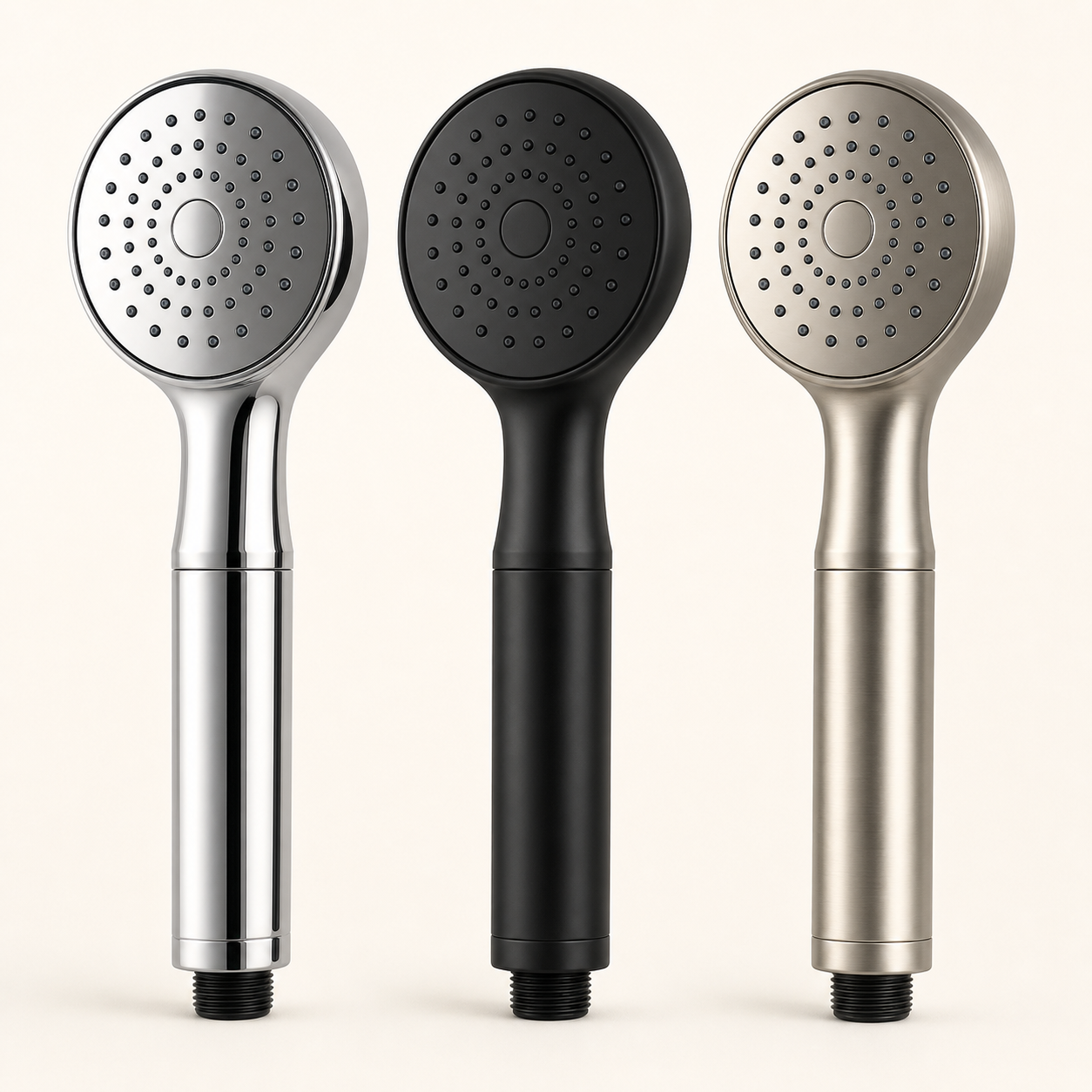 Airward filtered showerhead shown in chrome, matte black and brushed nickel finishes on a warm eggshell background