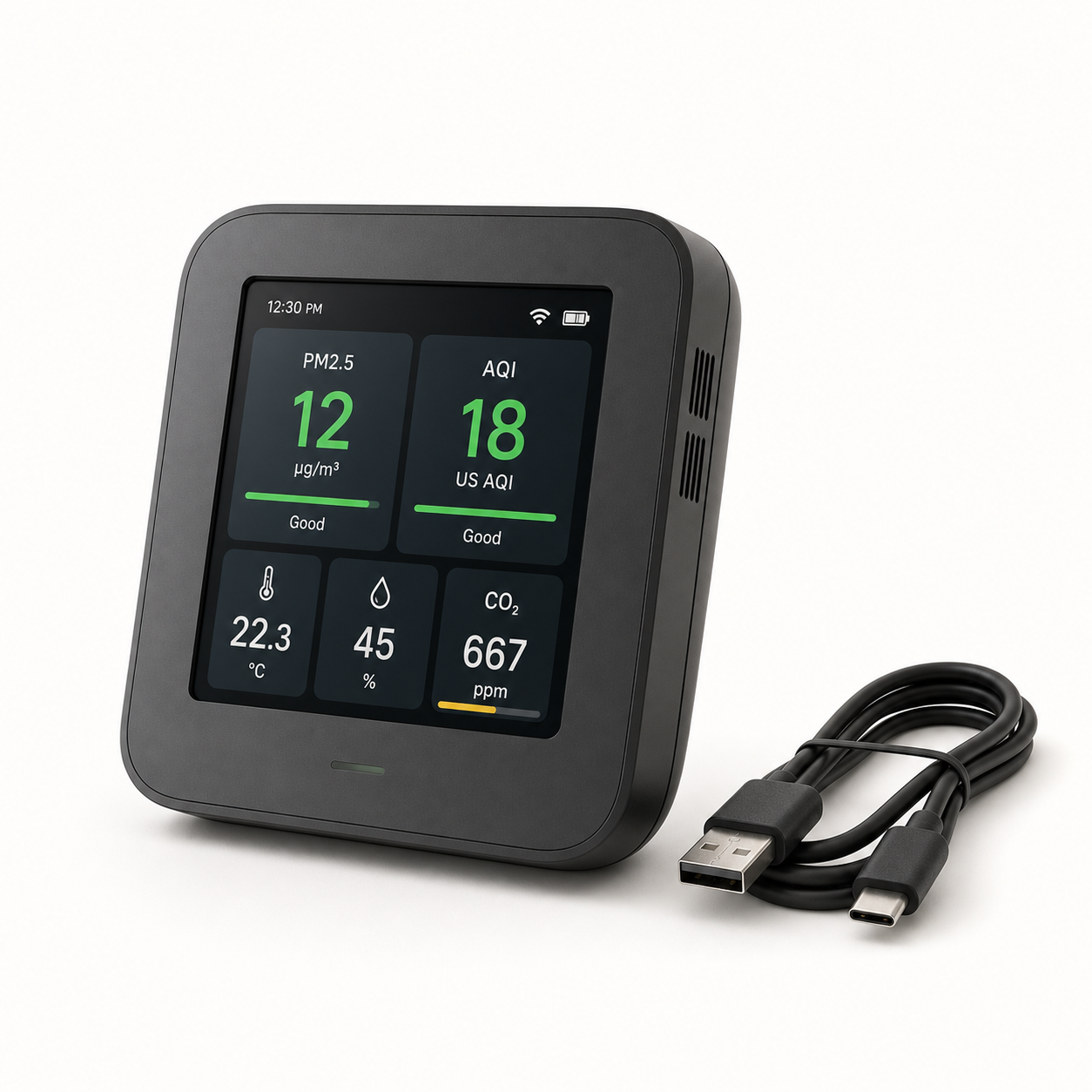 Black DM69M-WIFI indoor air-quality monitor displaying PM2.5, AQI, temperature, humidity and CO2 on a warm eggshell background